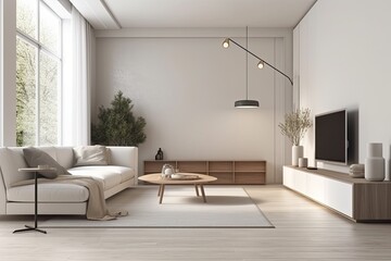 Naklejka na ściany i meble Interior of a light living room with a huge sofa, coffee table, sideboard, lamp, and parquet floor. simple design idea for relaxing. a mockup. Generative AI