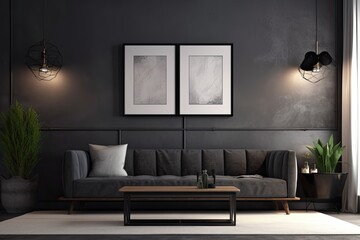 Interior of a contemporary modern dark living room with a comfortable couch, simple furnishings, and a mock up picture frame on a grey wall. Generative AI