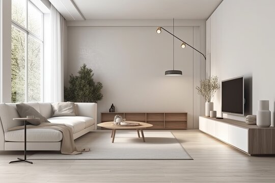 Interior of a light living room with a huge sofa, coffee table, sideboard, lamp, and parquet floor. simple design idea for relaxing. a mockup. Generative AI