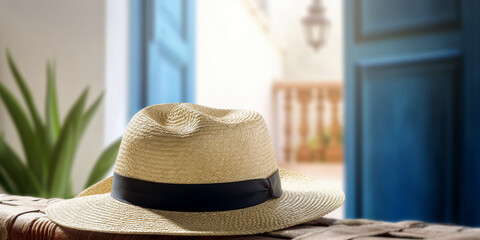 Straw hat in hotel room. Summer holiday vacation conceptual background. Created with generative Ai