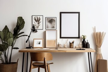 Interior of a contemporary home with a mock up photo frame on a table made of brown wood, office supplies, boxes, an instant camera, and a lovely plant in a chic pot. walls of gray. Desk Generative AI