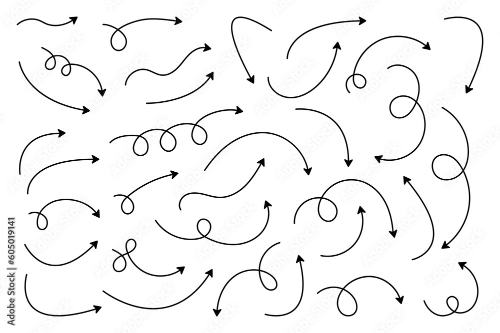 Wall mural curved arrows. set of vector hand drawn arrows. collection of pointers.