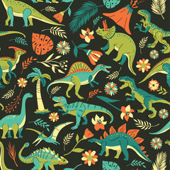 Seamless pattern with bright dinosaurs and green plants including T-rex, Brontosaurus, Triceratops, Velociraptor, Pteranodon, Allosaurus, etc. Isolated on dark background - 605019174