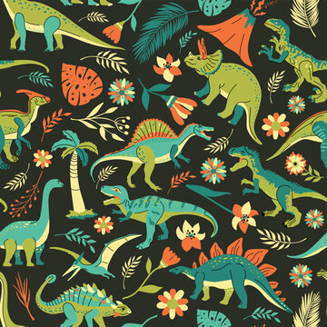 Seamless pattern with bright dinosaurs and green plants including T-rex, Brontosaurus, Triceratops, Velociraptor, Pteranodon, Allosaurus, etc. Isolated on dark background