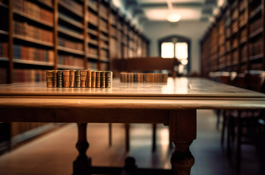 a wooden table in a library with books