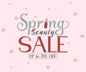 Spring sale pink background for beauty shop. Vector illustration template perfect for banners, flyers, invitation, posters, brochure, discount coupon, 70