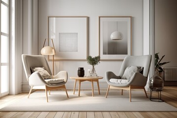 Fototapeta na wymiar Interior of a light living room with a white poster that is blank, two cozy grey armchairs, a chair, coffee table with a book, carpet, and parquet flooring. ideal location for waiting Generative AI