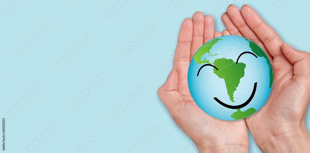 Sticker Hands holding a globe of earth with cute smile face