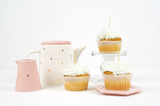 Cupcake topper mockup minimalist white and pink teapot afternoon tea setting.