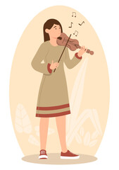 Woman playing violin. Young girl in dress stands with musical instrument and bow in her hands. Creativity and art. Musician performing or rehearsing. Cartoon flat vector illustration
