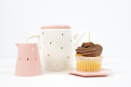 Cupcake topper mockup minimalist white and pink teapot afternoon tea setting.