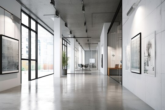 Interior Of A Contemporary Office Corridor With A Mock Up White Billboard, Glass Doors, Furniture, And Concrete Floors. Concept For Architecture And Design. Generative AI