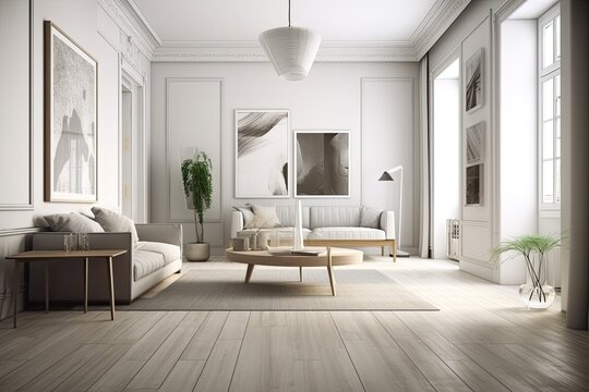 Interior of a contemporary living room with furnishings and a grey parquet floor. Place fictitious, blank posters there. contemporary design idea. Generative AI