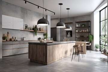 Interior of a contemporary kitchen with gray counters, concrete floors, and white gray walls. Poster mockup on the wall. Generative AI