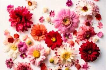 pink and white flowers are lying across a white background