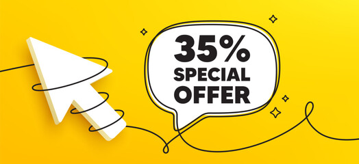 35 percent discount offer tag. Continuous line chat banner. Sale price promo sign. Special offer symbol. Discount speech bubble message. Wrapped 3d cursor icon. Vector
