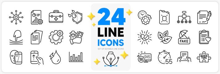 Icons set of Elastic, Fake news and Fraud line icons pack for app with Multichannel, Hydroelectricity, 5g internet thin outline icon. Timer, Restructuring, Patient history pictogram. Vector