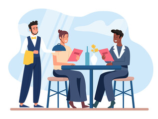 Restaurant business concept. Man and woman sit with menu at tables and wait for waiter with tray. Happy couple at romantic meeting in luxury restaurant. Cartoon flat vector illustration