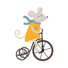 Vector mouse riding a bike. Gray cartoon mouse in orange dress. Cute children's vector illustration. White isolated background. 