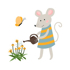 Cute vector mouse watering flowers. Summer and spring themes. Adorable children's vector illustration. White isolated background. 
