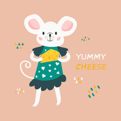 Obraz na płótnie Canvas Cute mouse holding cheese. Cartoon vector illustration with white mouse. Hand-drawn children's illustration. Print for postcard, prints, t-shirts. Yummy cheese lettering. Pink isolated background. 