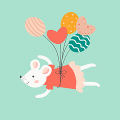 Cute mouse flies on balloons. Cartoon vector illustration with a white mouse. Adorable children's illustration. Print for postcard, prints, t-shirts. Blue isolated background. 