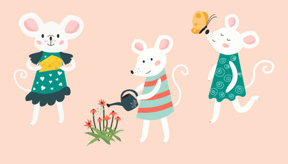Set of white mice. Vector illustration with pretty, white mice. Mouse watering flowers, holding cheese, on a summer walk. Children's illustration. Print for postcards, prints, banner.