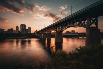 Fototapeta na wymiar Cityscape of Nashville at sunset with a bridge over the river. Generative AI
