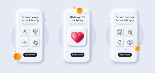 Bell, Parcel delivery and Internet line icons pack. 3d phone mockups with heart. Glass smartphone screen. Certificate, Brand ambassador, Payment click web icon. Wallet, Creative idea pictogram. Vector