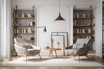 Interior of a chic living area, office lounge, or home library with white walls, a wooden floor, two cozy armchairs, and a bookcase made of gray and wood. fake vertical poster frame. Generative AI