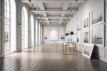 Interior of a light gallery space with three rows of empty white posters, chairs, a table, an arch, and a parquet floor. simple design idea for relaxing. a mockup. Generative AI