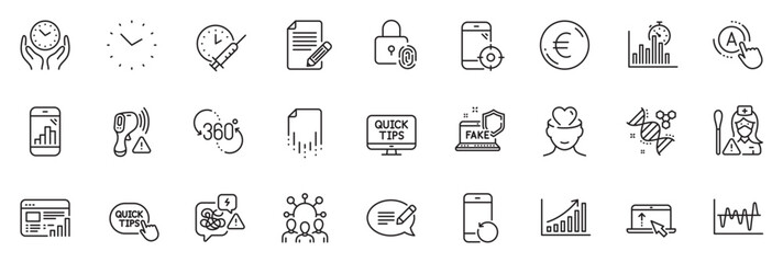 Icons pack as Ab testing, Article and Swipe up line icons for app include Euro money, Graph phone, Stress outline thin icon web set. Chemistry dna, Recovery file, Fake internet pictogram. Vector