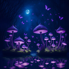 Naklejka na ściany i meble Fantasy mushrooms illuminated by lamps in a land of enchantment, created with generative AI