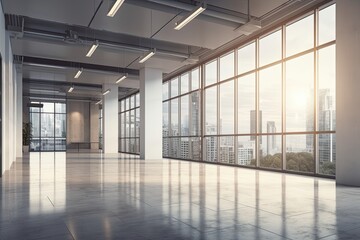 Interior of a contemporary, large, light hallway with a blank, mock up white poster on the wall, panoramic windows, a city view, lamps, and reflections on the floor. Generative AI