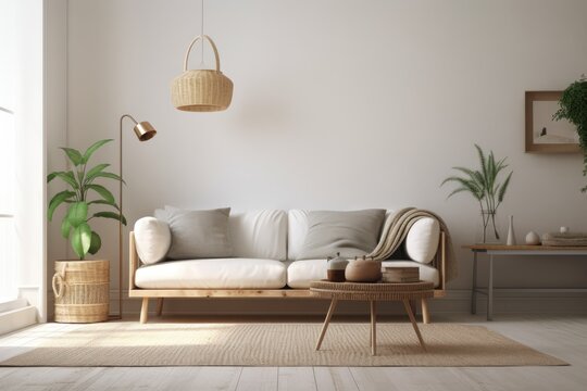 Interior of a living room with a sofa, pillows, and coffee table against a light wall. Generative AI