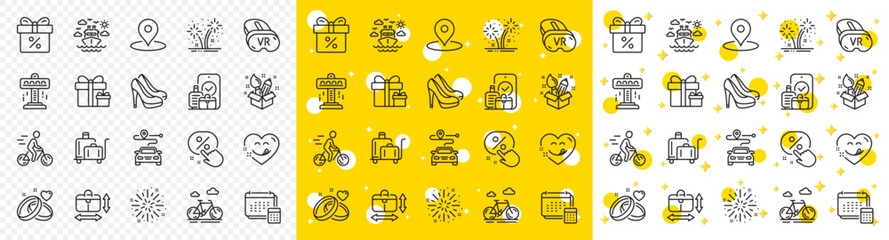 Outline Ship travel, Shoes and Bike line icons pack for web with Luggage trolley, Attraction, Discount button line icon. Pin, Handbag size, Journey pictogram icon. Yummy smile. Vector