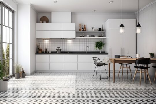 Interior of a light kitchen with a cooker, tile floor, table, bar stools, and a wall of empty, white space. Scandinavian minimalism design idea. a mockup. Generative AI