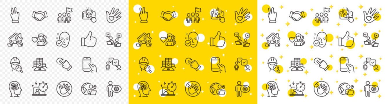 Outline Man love, Consulting business and Inspect line icons pack for web with Leadership, Victory hand, Online voting line icon. Inventory, Work home, Health skin pictogram icon. Vector