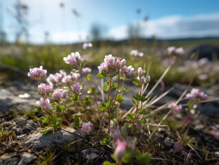 Experience the serene beauty of a Norwegian meadow. A low-angle shot captures white flowers under violet-pink twilight, blending wild charm with rustic harmony.