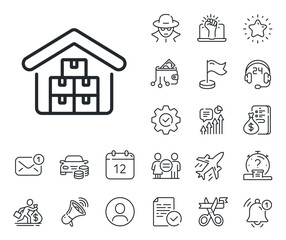 Warehouse boxes sign. Salaryman, gender equality and alert bell outline icons. Wholesale goods line icon. Logistic inventory storage symbol. Wholesale goods line sign. Vector