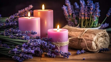 Obraz na płótnie Canvas A relaxing composition of aromatic candles and lavender flowers generated by AI
