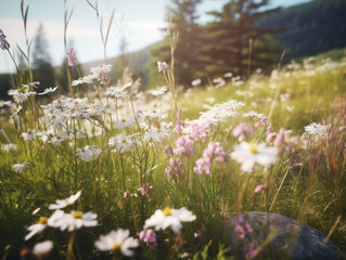 Experience the serene beauty of a Norwegian meadow. A low-angle shot captures white flowers under violet-pink twilight, blending wild charm with rustic harmony.