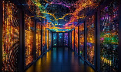 Data Center Server Room, Colorful Supercomputer Technology Abstract concept. Servers Modern Telecommunications, Artificial Intelligence. generative ai - obrazy, fototapety, plakaty