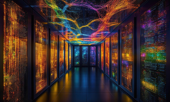 Data Center Server Room, Colorful Supercomputer Technology Abstract concept. Servers Modern Telecommunications, Artificial Intelligence. generative ai