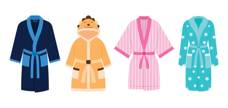 Set of colored pajamas in a cartoon style. Vector illustration of various pajamas: blue, orange, pink, with different designs for boys, girls isolated on white background. Pajamas for a pajama party.