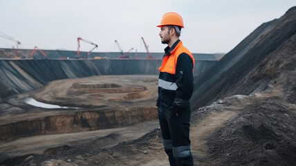 Engineer stands in front of Open Mining Pit, Coal Mine Panorama Extractive Industry, Heavy Machinery, Industrial Landscape, Resource Excavation Extraction, Mining Site from Above. generative ai - obrazy, fototapety, plakaty