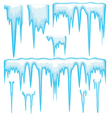 Set of blue icicles in cartoon style. Vector illustration of various shapes of cold, icy water icicles isolated on white background. Frozen icicles hanging down. Ice stalactite. Elements of winter. - obrazy, fototapety, plakaty
