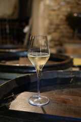 Tasting of grand cru sparkling white wine with bubbles champagne by old champagne caves in grand cru wine producer small village Cramant, Champagne, France