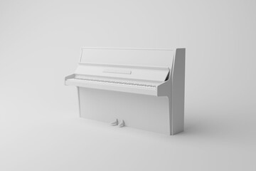 White upright piano on white background with shadow in greyscale monochrome. Illustration of the  concept of musical instruments and musicians 