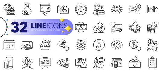 Outline set of Candlestick chart, Loyalty points and Money tax line icons for web with Contactless payment, Presentation board, Sale thin icon. Graph chart, Wallet, Dollar rate pictogram icon. Vector